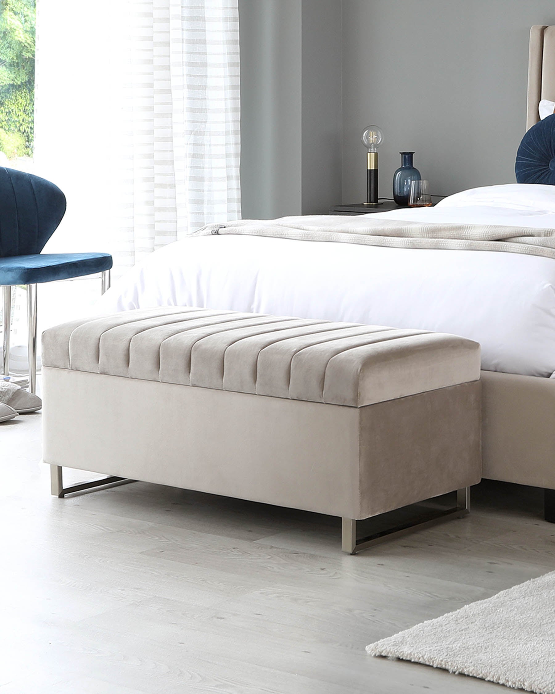Amalfi Champagne Velvet And Brushed Steel Ottoman Storage Bench