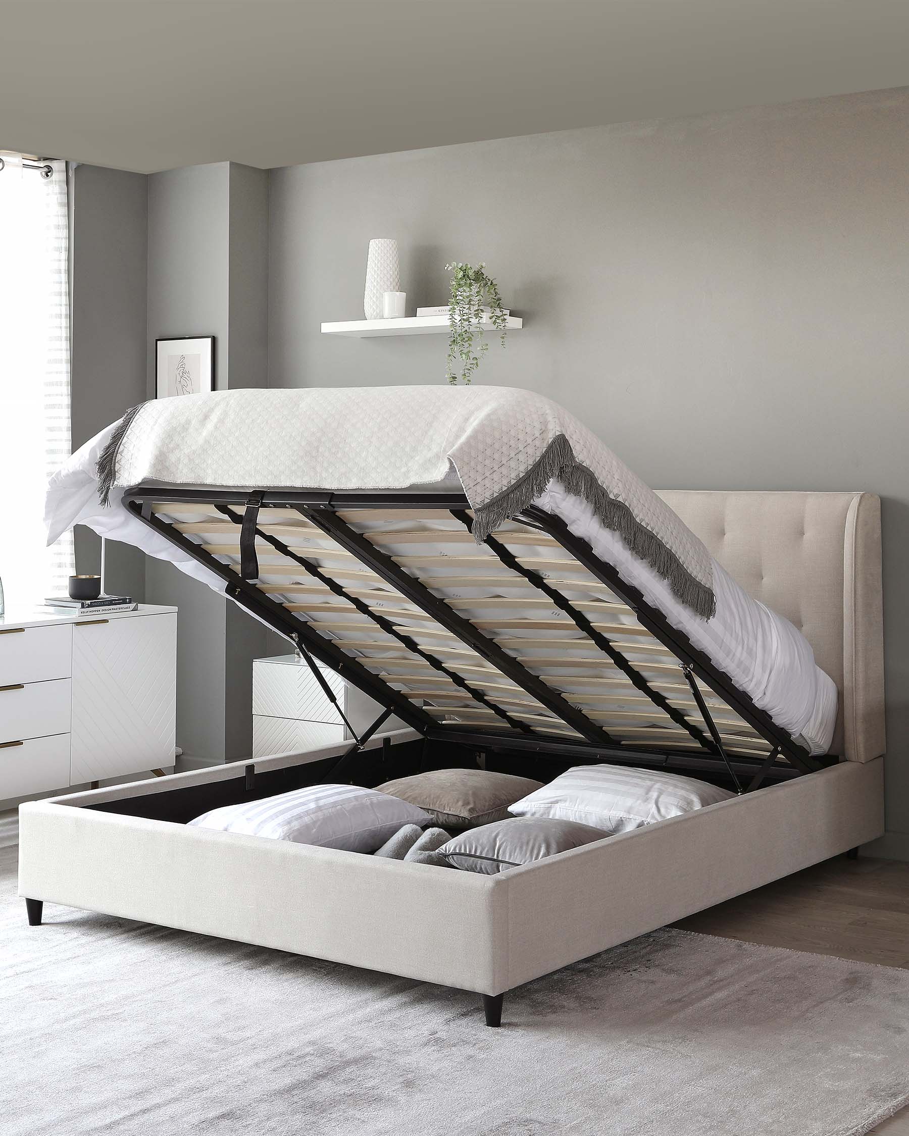 Lenora Cream Fabric King Size Ottoman Storage Bed
