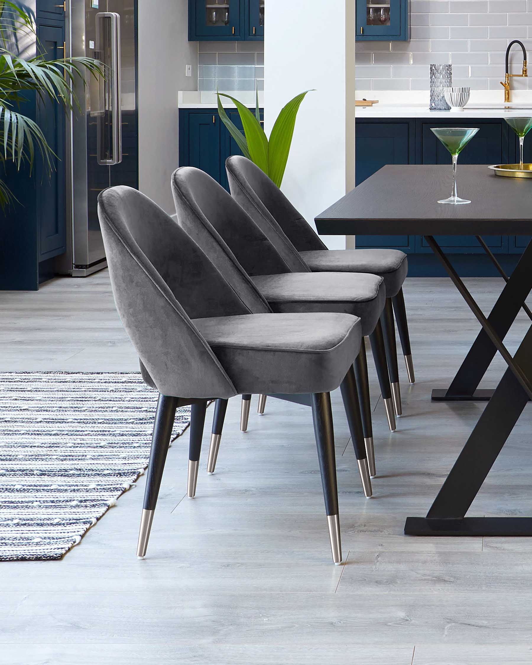 Clover Dark Grey Velvet Dining Chair With Stainless Steel Caps
