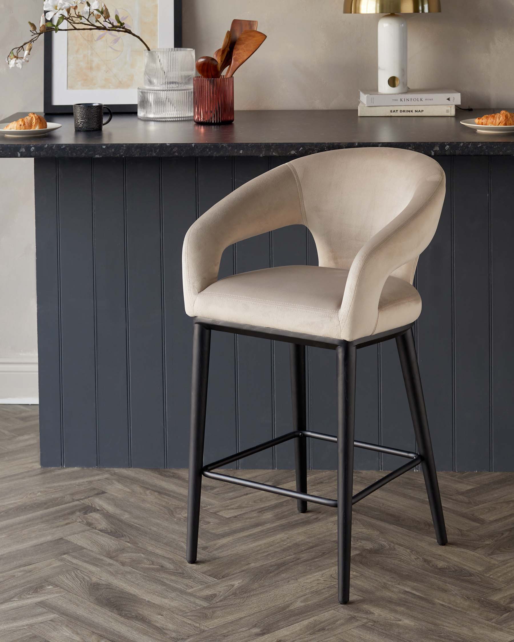 Heath Champagne Plush Velvet Black Wood Bar Stool