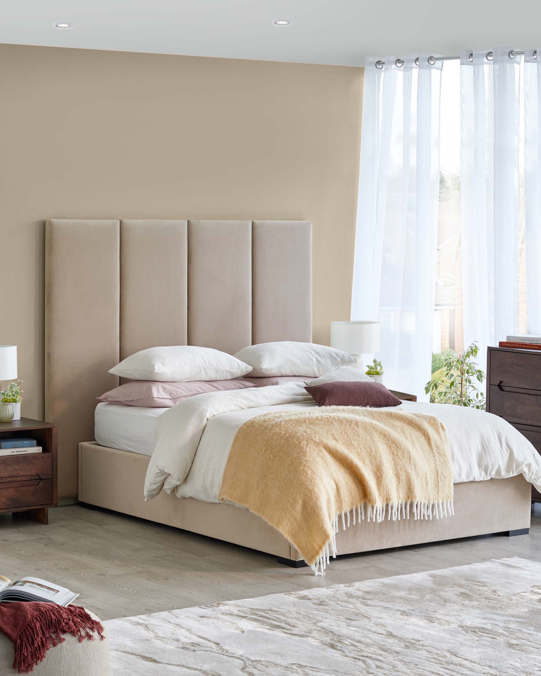 Penelope champagne recycled velvet king size ottoman bed with 4 panel headboard