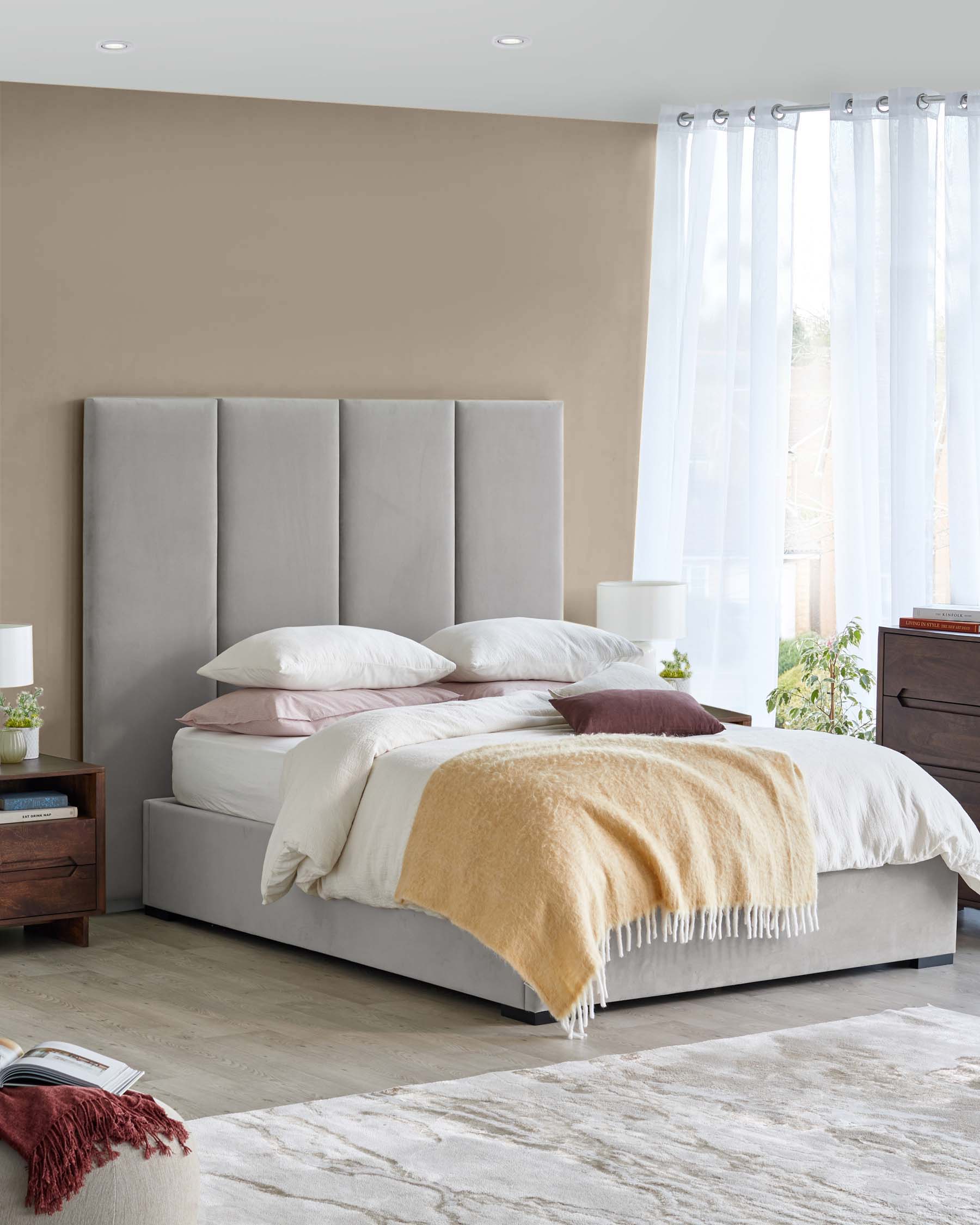 Penelope light grey recycled velvet king size ottoman bed with 4 panel headboard