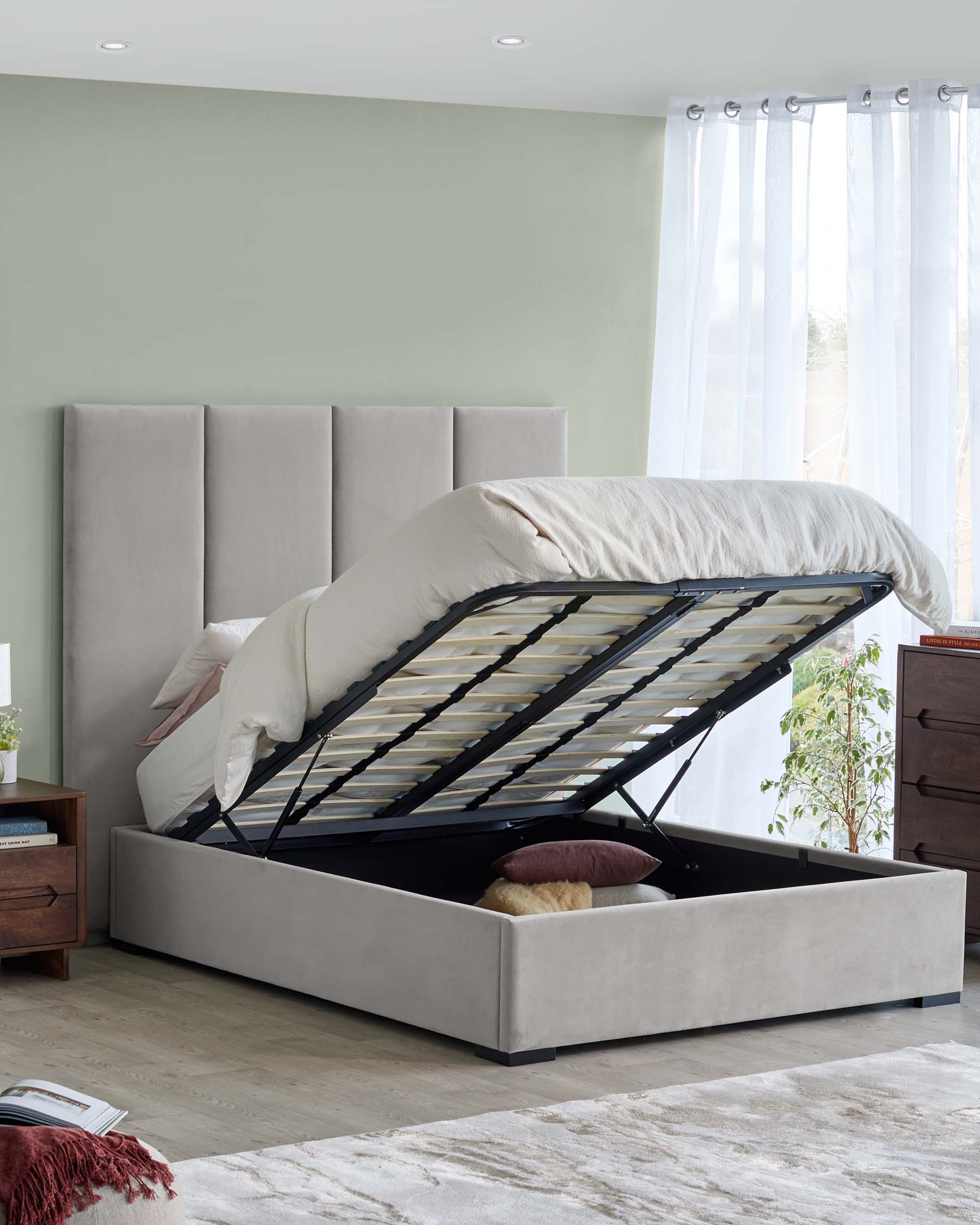 Penelope light grey recycled velvet king size ottoman bed with 4 panel headboard