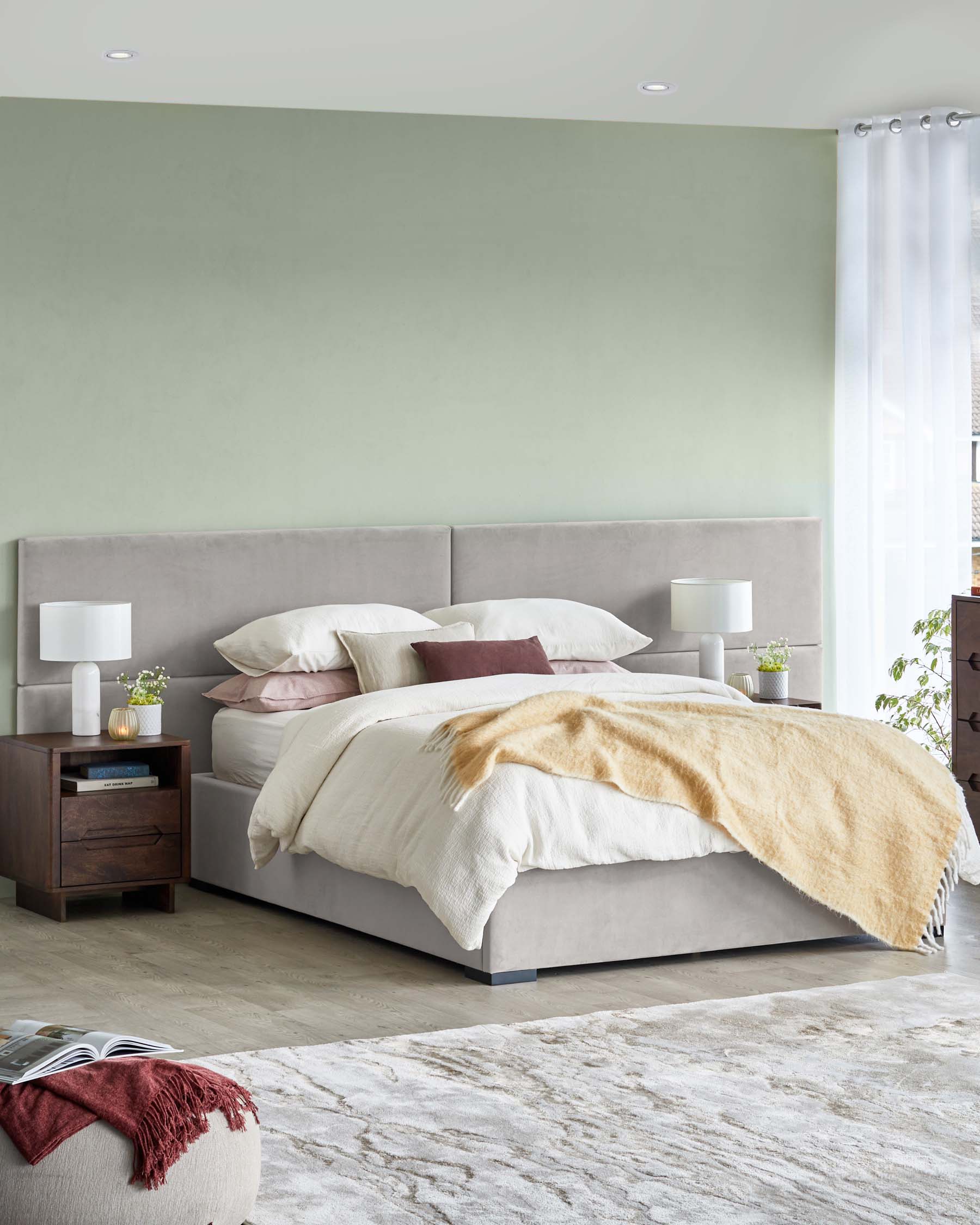 Penelope light grey recycled velvet king size ottoman bed with 4 panel headboard