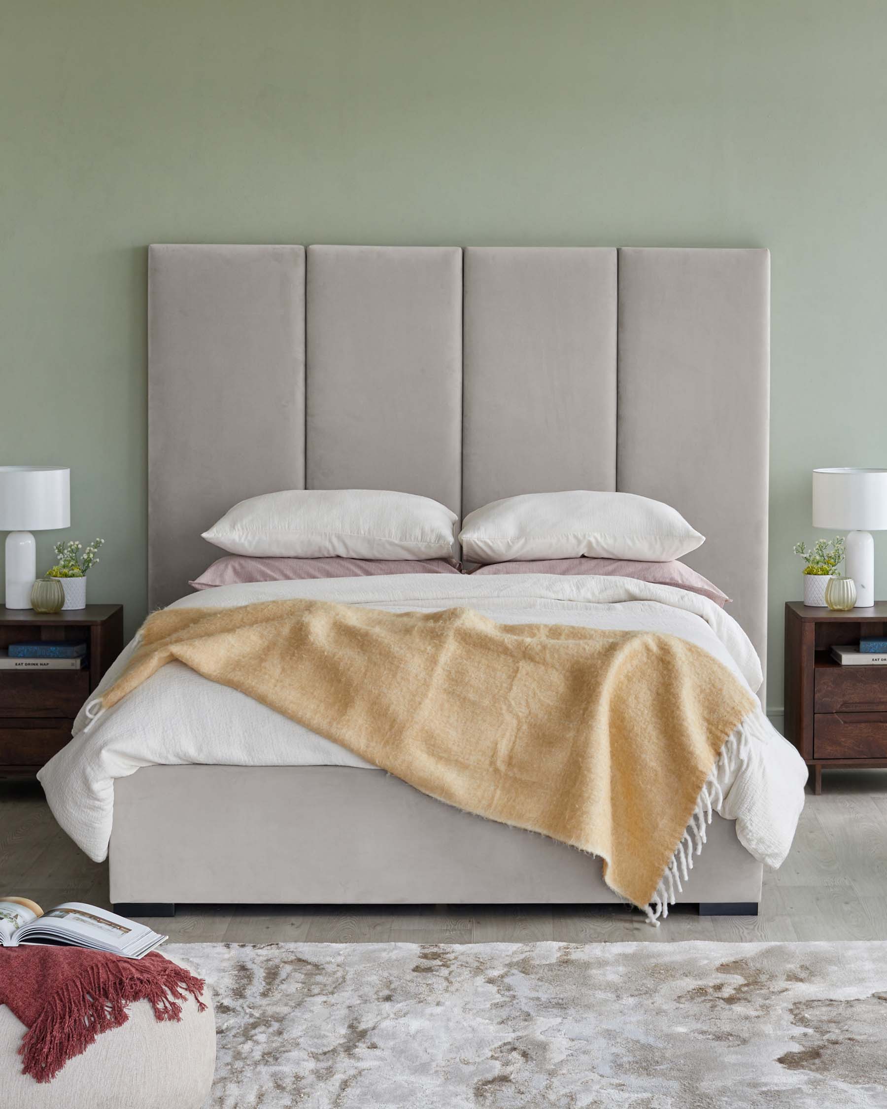 Penelope light grey recycled velvet king size ottoman bed with 4 panel headboard