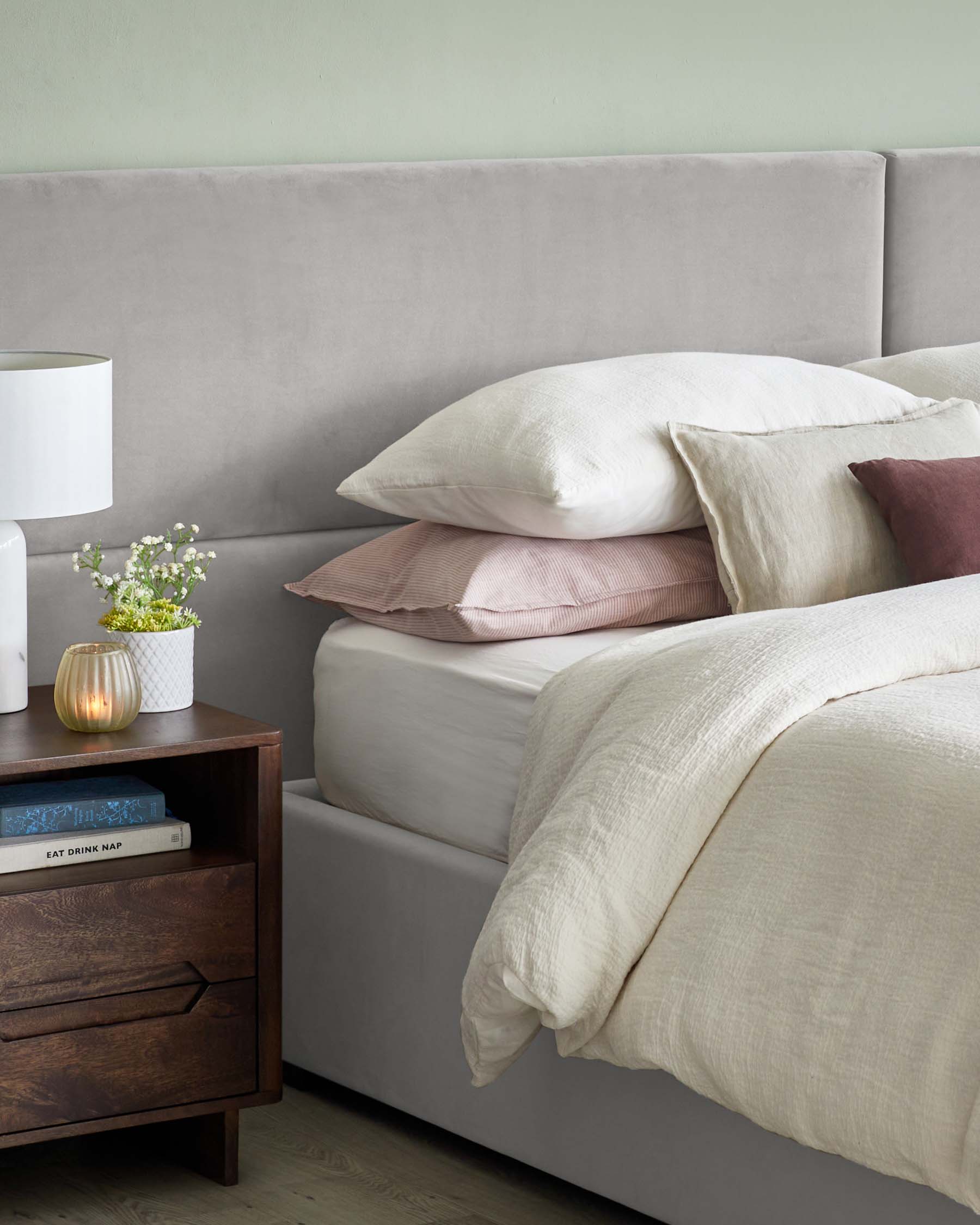 Penelope light grey recycled velvet king size ottoman bed with 4 panel headboard