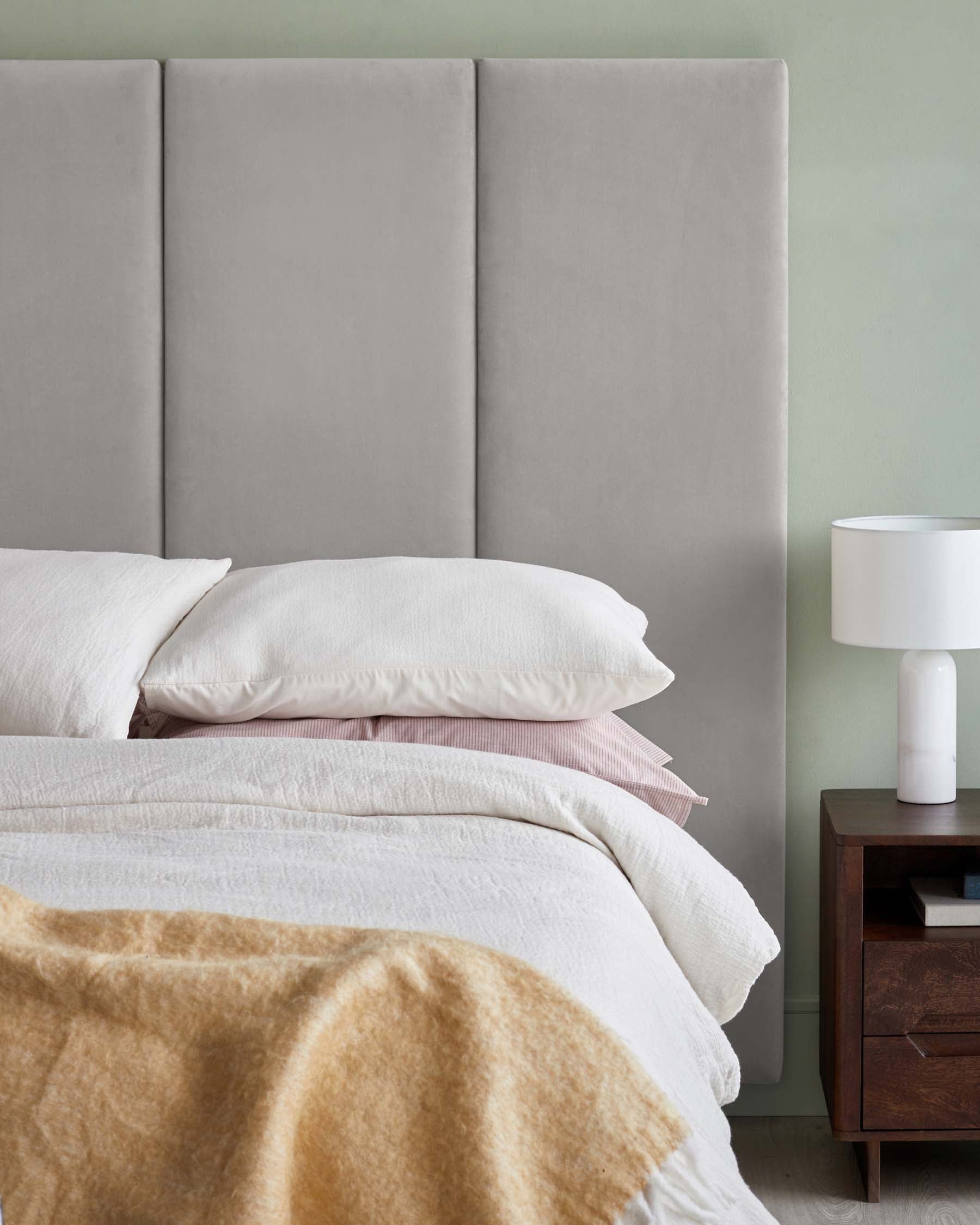 Penelope light grey recycled velvet king size ottoman bed with 4 panel headboard