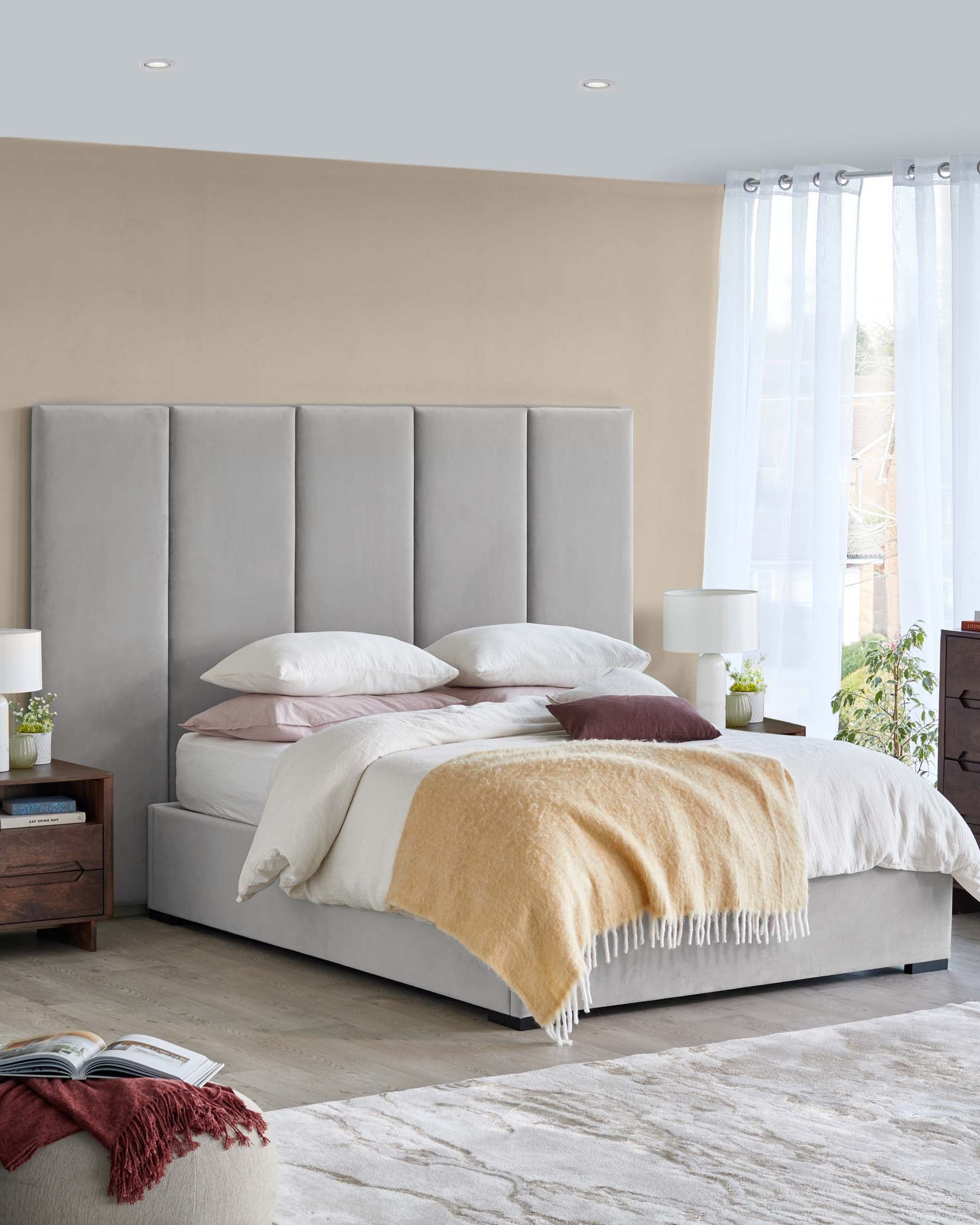 Penelope light grey recycled velvet super king ottoman bed with 5 panel headboard