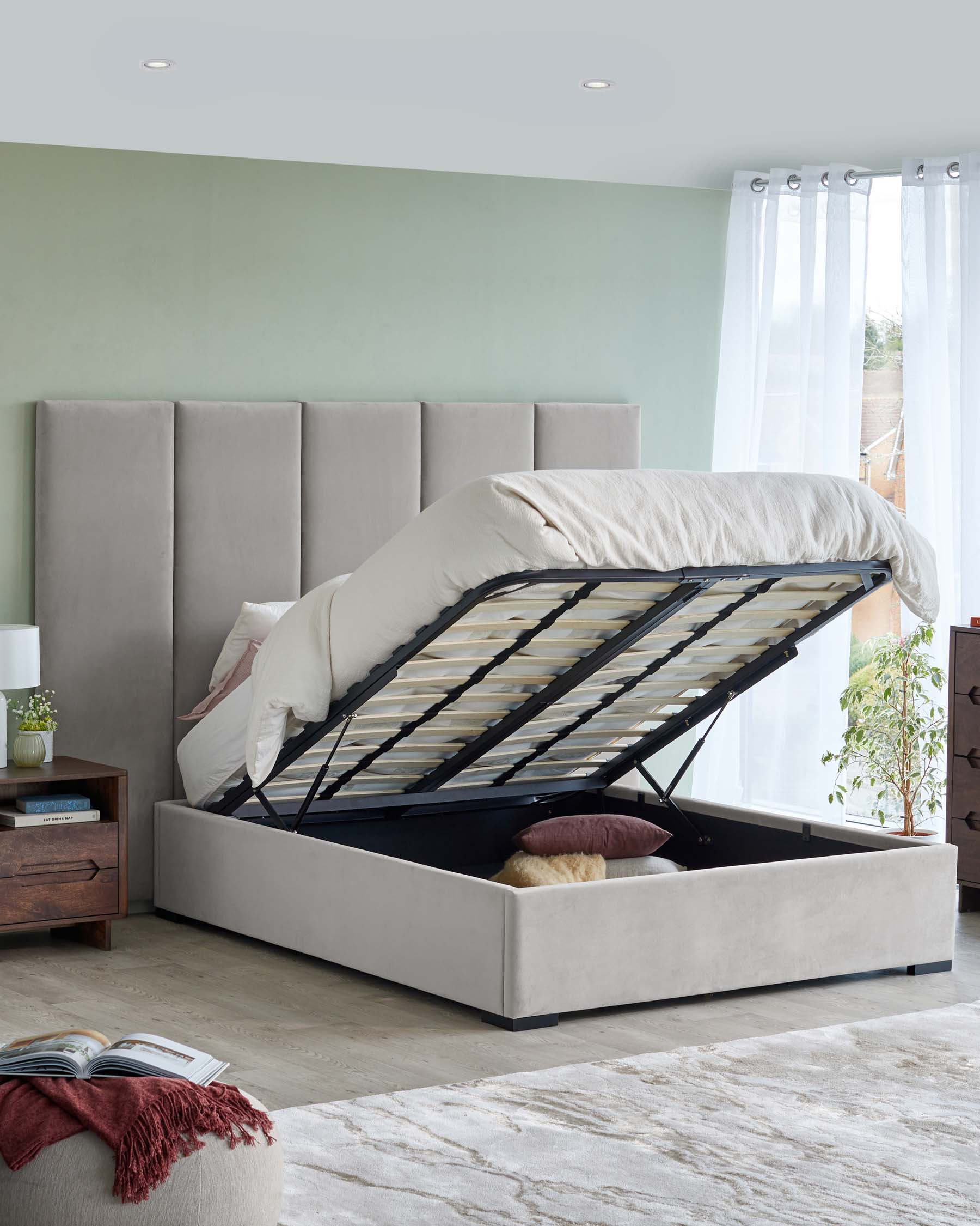 Penelope light grey recycled velvet super king ottoman bed with 5 panel headboard