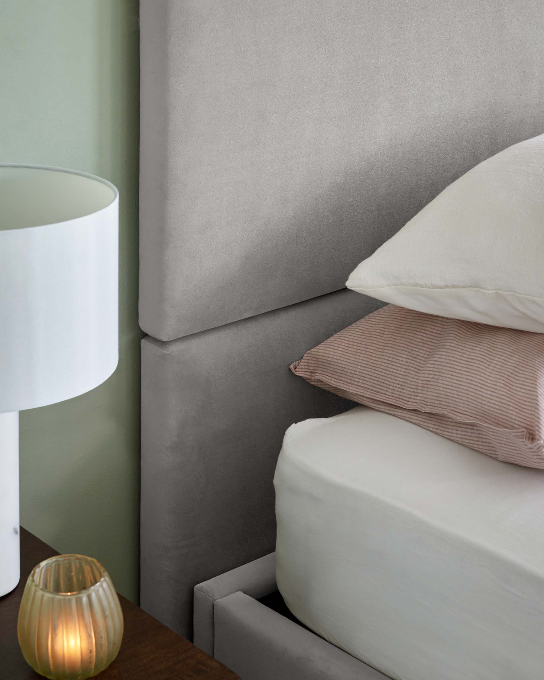 Penelope light grey recycled velvet super king ottoman bed with 5 panel headboard