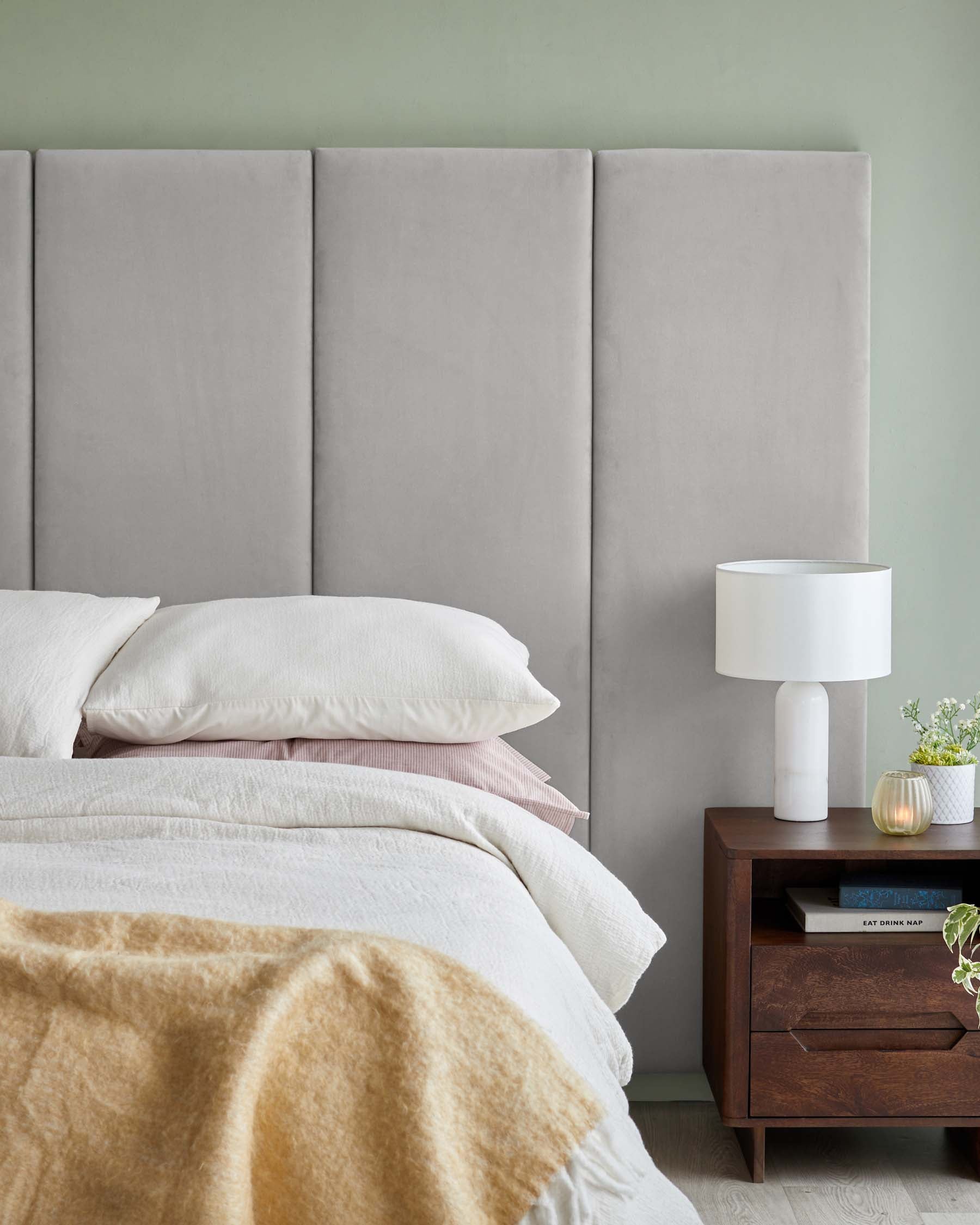 Penelope light grey recycled velvet super king ottoman bed with 5 panel headboard