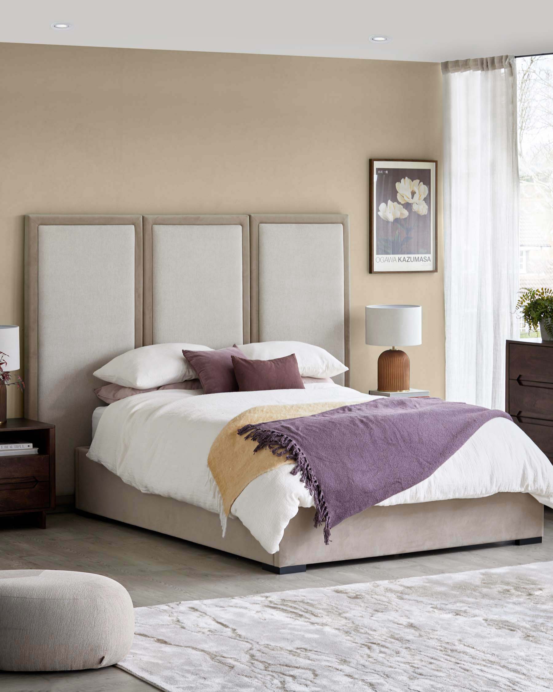 Penelope champagne natural mixed material king ottoman bed with 3 panel headboard
