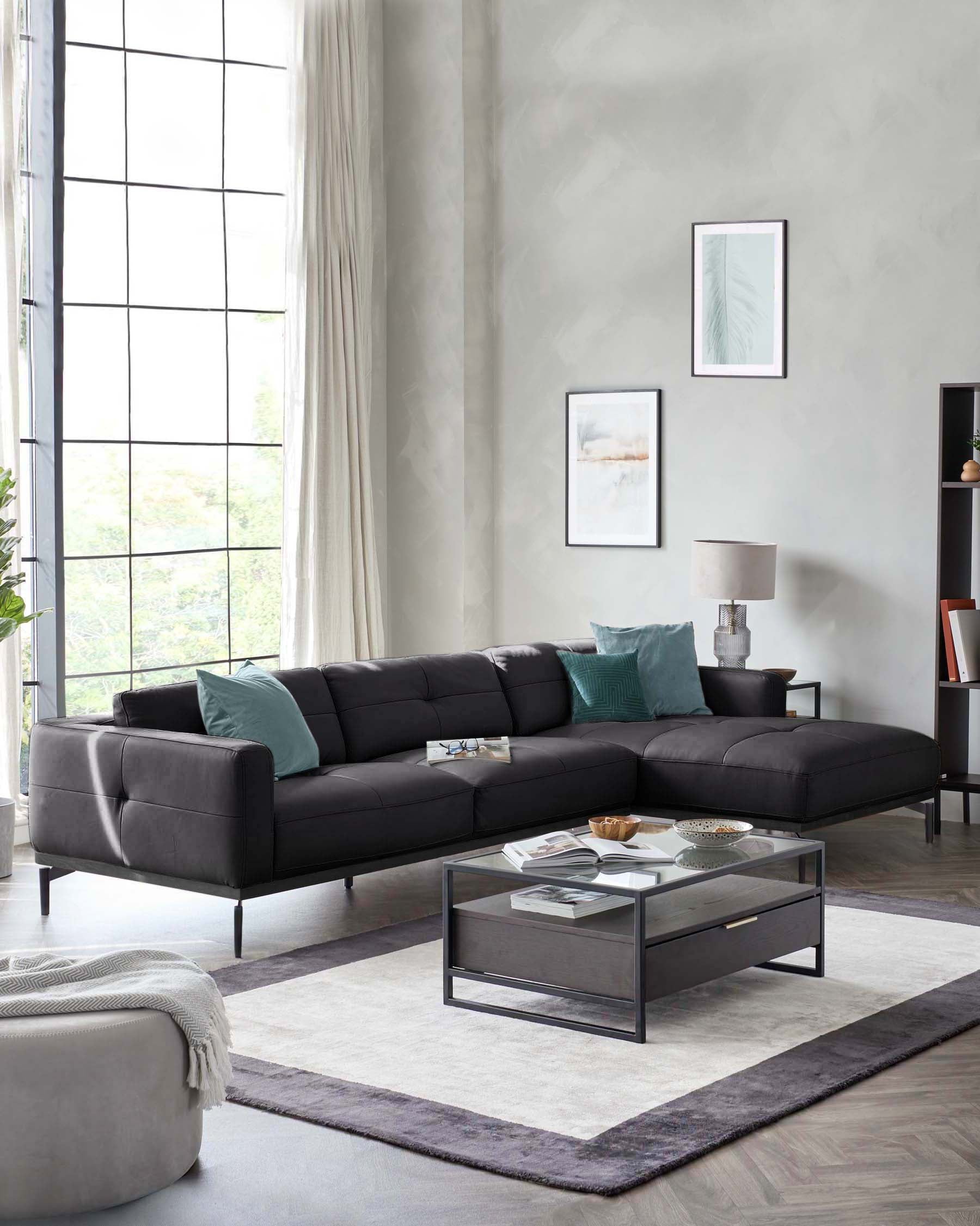 Colton black leather right hand corner chaise sofa