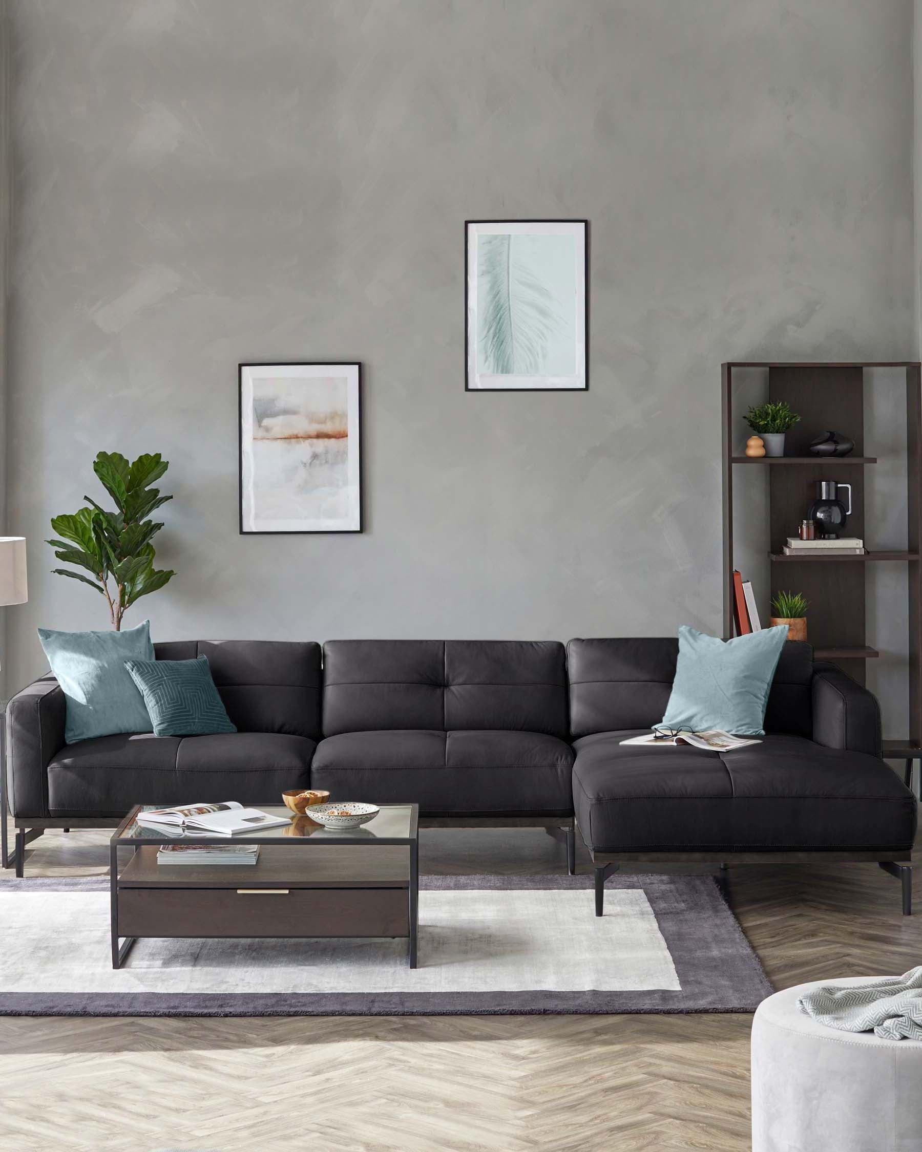 Colton black leather right hand corner chaise sofa