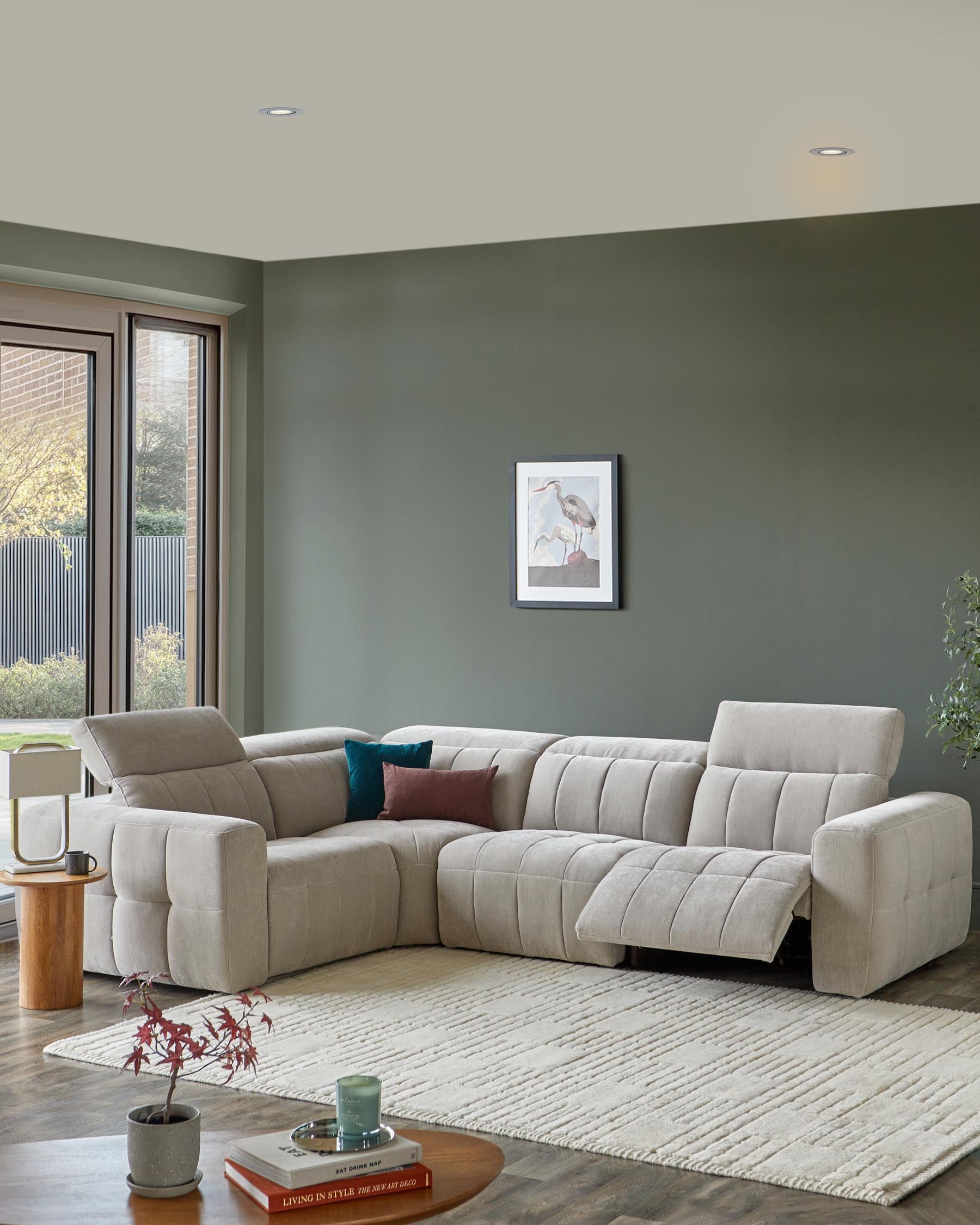Skye light grey fabric small corner recliner sofa
